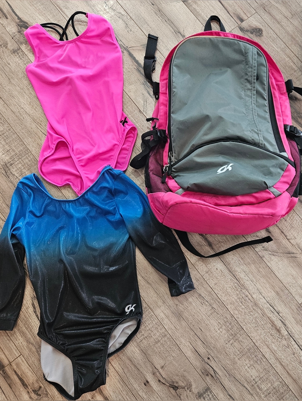Lot of 3 GK Gymnastics Leotards Child Large CL And Pink Backpack